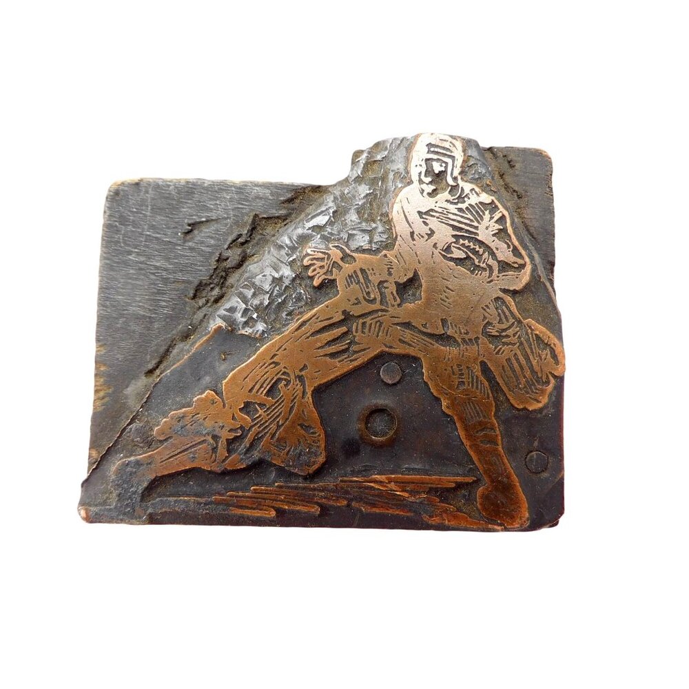 Antique Football Players Copper Letterpress Stamp Wood Printing Block